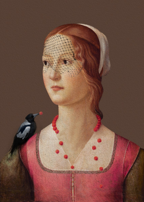 Auf Leinwand gedrucktes Gemälde "Lady with Magpie"